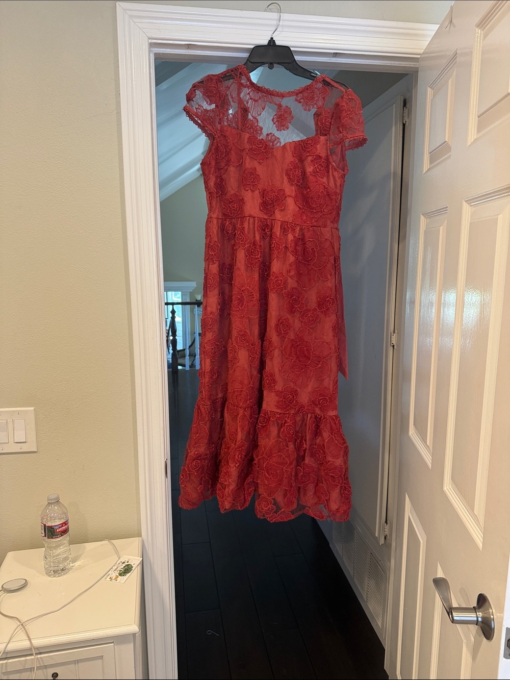 Petal & Pup Red Lace Midi Dress with Sheer Yoke